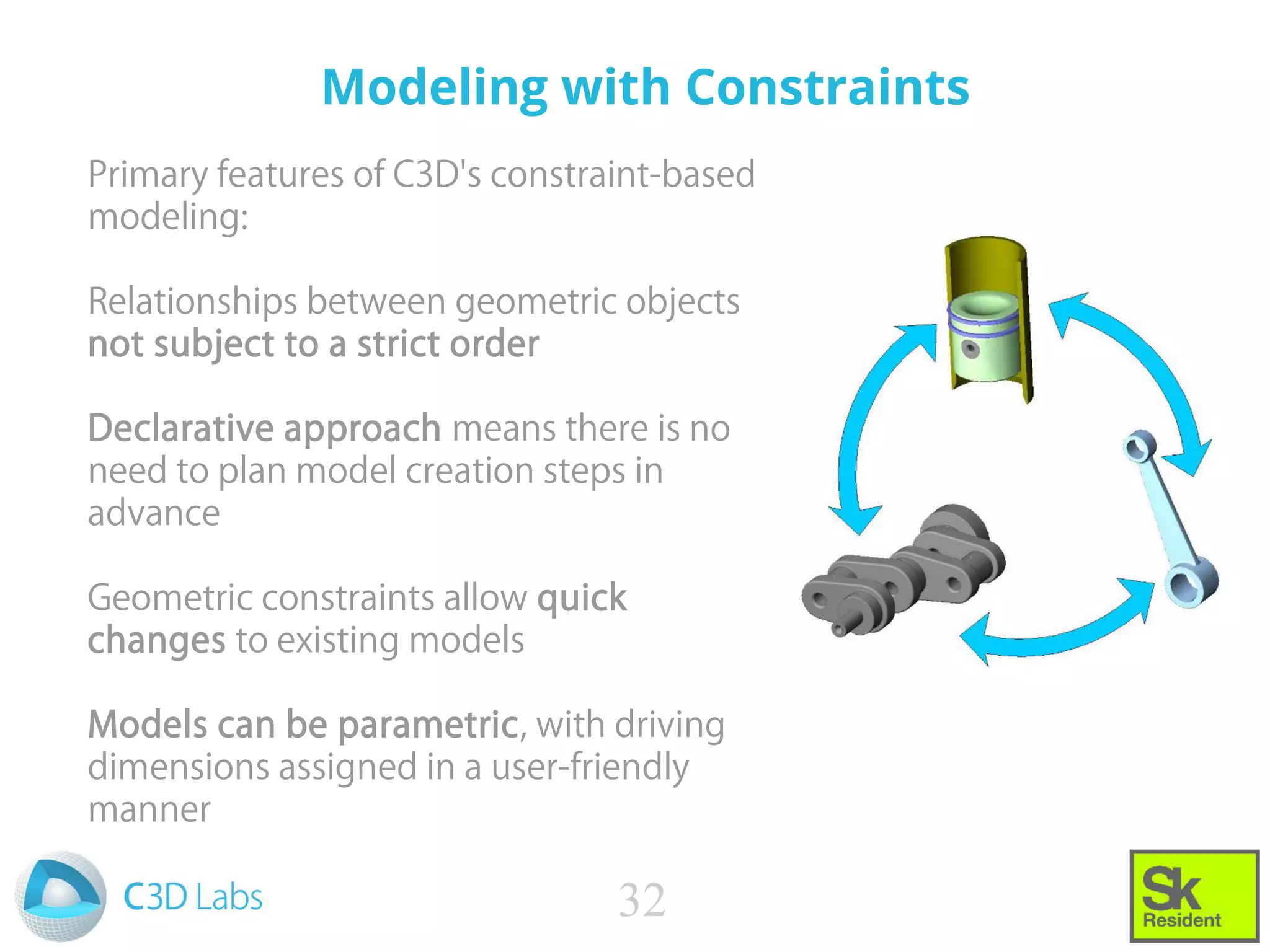 Modeling with Constraints
Primary features of C3D's constraint-based
modeling:
Relationships between geometric objects
not subject to a strict order
Declarative approach means there is no
need to plan model creation steps in
advance
Geometric constraints allow quick
changes to existing models
Models can be parametric, with driving
dimensions assigned in a user-friendly
manner
32
 