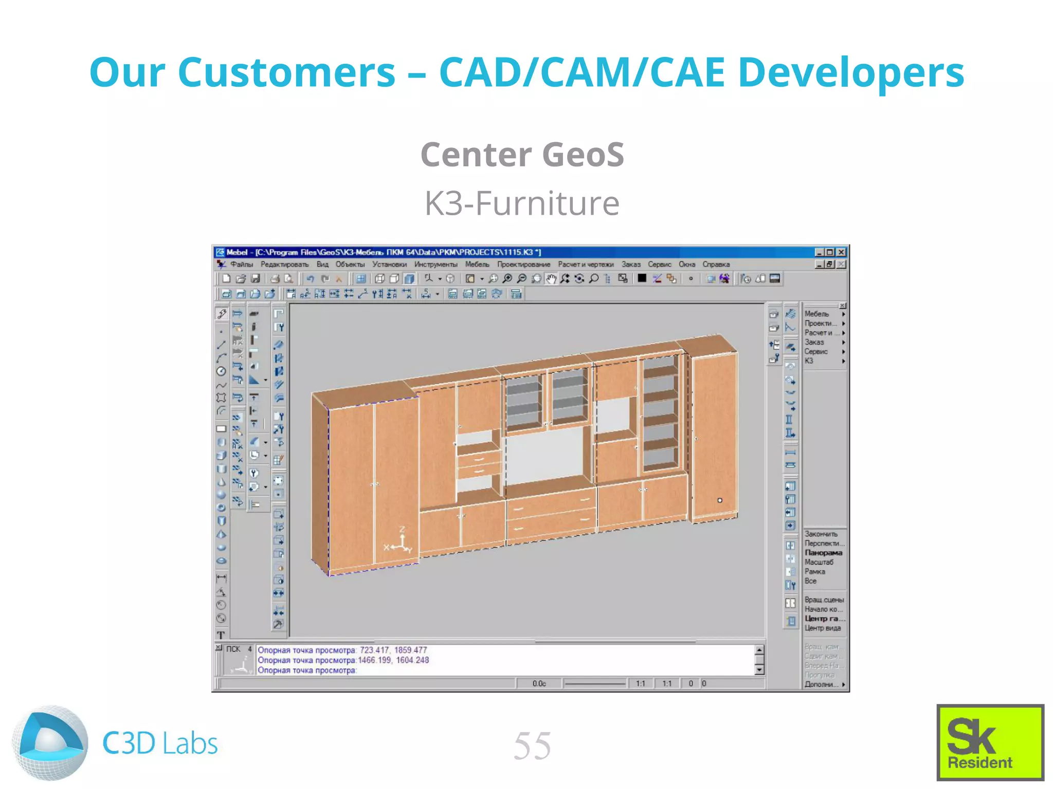Our Customers – CAD/CAM/CAE Developers
Center GeoS
K3-Furniture
55
 