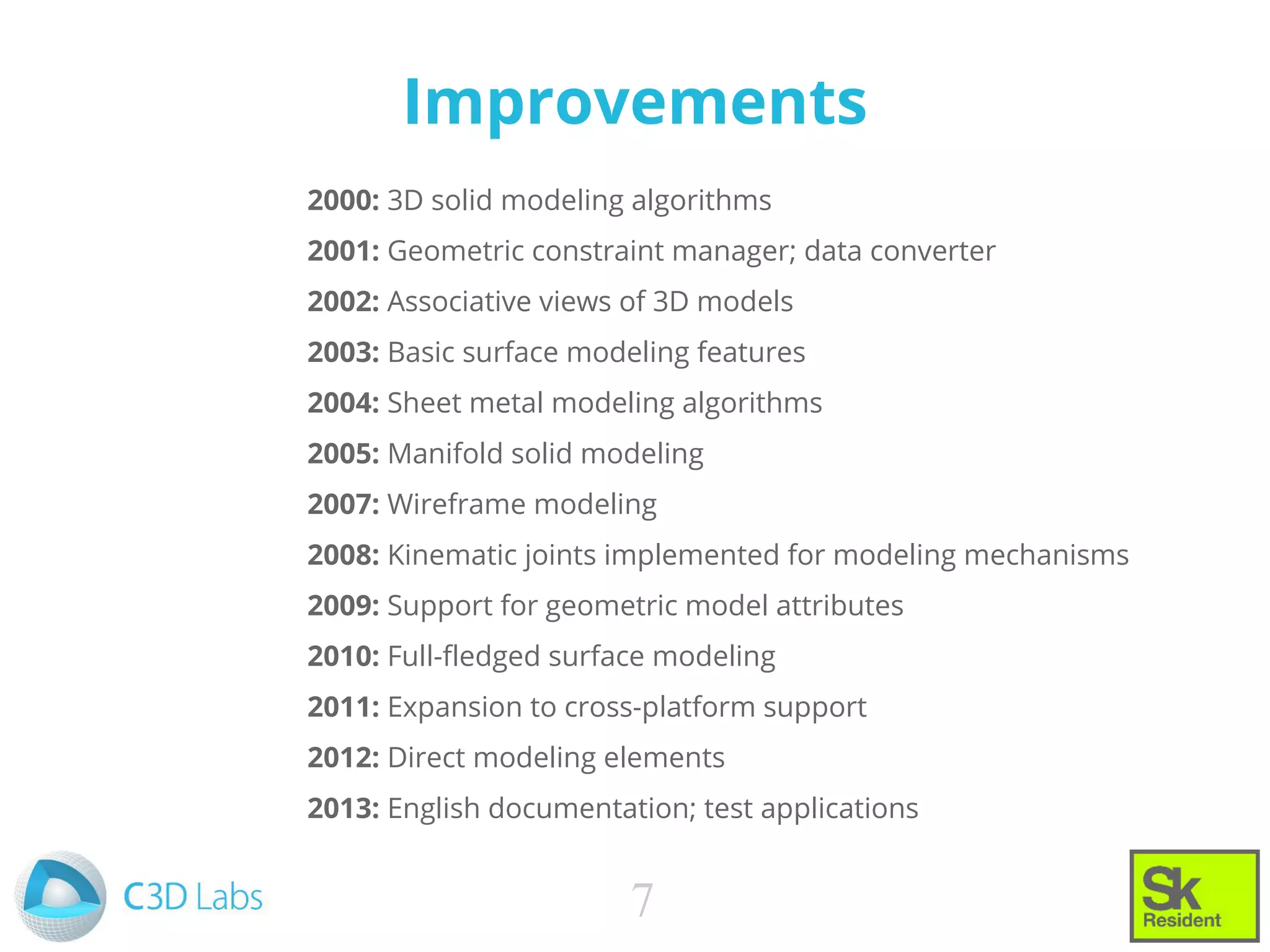 Improvements
2000: 3D solid modeling algorithms
2001: Geometric constraint manager; data converter
2002: Associative views of 3D models
2003: Basic surface modeling features
2004: Sheet metal modeling algorithms
2005: Manifold solid modeling
2007: Wireframe modeling
2008: Kinematic joints implemented for modeling mechanisms
2009: Support for geometric model attributes
2010: Full-fledged surface modeling
2011: Expansion to cross-platform support
2012: Direct modeling elements
2013: English documentation; test applications
7
 