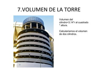 7.VOLUMEN DE LA TORRE
Volumen del
cilindro=3.14*r al cuadrado
* altura.
Calcularíamos el volumen
de dos cilindros.
 