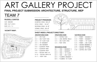 ROAD 2
ROAD4
ROAD 4
ROAD4
ROAD 5
ART GALLERY PROJECTFINAL PROJECT SUBMISSION: ARCHITECTURE, STRUCTURE, MEP
TEAM 7
ARCHITECTURAL PLANS STRUCTURAL PLANS
MECHANICAL PLANS
ELECTRICAL PLANS
VICINITY MAP:
RUSSELL CANTOS
SHEET INDEX / PROJECT DIRECTORY:
PROJECT PROGRAM:
 