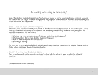 5
Balancing Advocacy with Inquiry1
Most of the situations you deal with are complex. You have moved beyond the level of leadership where you can simply command
and direct and feel sure that you have made the right choice and your people will follow through. Not only is it impossible for you to
have all the answers, it is not preferable.
Step 1: Surface Your Own Assumptions
Reflect on a recent conversation that left you frustrated. On the left side of a sheet of paper, record the conversation (as if it were a
transcript) to the best of your ability. On the right hand side, write what you were thinking and feeling during each part of the
discussion. Now examine your own thinking.
What was your frame for this conversation? How were you thinking about its purpose?
What assumptions did you make about the situation or the person?
How did these assumptions drive your behavior?
What are you learning?
You might want to try this with your leadership team after a particularly challenging conversation. Let everyone share the results of
the two-column exercise and discuss the questions together.
Step 2: Practice Your Dialogue Skills
There are two basic skills and two supporting strategies. Try these tools first without the power turned on (i.e. in low risk
situations):
©	
  PEARL	
  MATTENSON,	
  2011
1	
  Adapted	
  from	
  The	
  Fi1h	
  Discipline	
  by	
  Peter	
  Senge
 