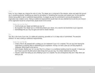 9
Yes!
Every ‘no’ has a deeper yes. Imagine the roots of a tree. This deeper yes is comprised of the interests, values and needs that ground
you in something positive. Something you stand for and believe in. Something that nourishes and sustains you. For the executive
director being asked to take on additional responsibilities, his deeper yes was his commitment to serving the population his
organization was created to serve. Taking on additional responsibilities would mean she was stretched too far and the core mission
of the organization would be compromised; people would not be served.
Some tips on the Yes!
Communicate your deeper yes before you say ‘no’.
Be respectful: Your deeper yes is a shield that protects your values, not a sword to be brandished at your opponent.
Acknowledge that you may not agree and look for shared interests
No.
Your ‘No’ is the trunk of your tree. It is stable and unmoving, grounded as it is in deep roots of commitment. The executive
director’s ‘no’ was to taking on additional responsibilities.
Some tips on the No.
Create a Plan B. Be prepared with a strategy you can implement if your ‘no’ is rejected. This can vary from leaving the
organization to enlisting allies to withdrawing your cooperation- the key is to have a plan you are fully prepared to
implement. Which leads to the next tip…
Don’t threaten. Neither your ‘no’ nor your Plan B is a threat; it is a confidence building move for yourself. It means you
don’t have to punish the other person when things don’t go your way. You simply implement your Plan B.
Educate. Explain the reality you see unfolding if your no is rejected. You see consequences they don’t. Help others see
what you see.
©	
  PEARL	
  MATTENSON,	
  2011
 