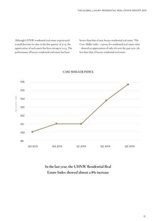 THE GLOBAL LUXURY RESIDENTIAL REAL ESTATE REPORT 2015
13
Although UHNW residential real estate experienced
a small decrease in value in the last quarter of 2013, the
appreciation of such assets has been strong in 2014. The
performance of luxury residential real estate has been
In the last year, the UHNW Residential Real
Estate Index showed almost a 8% increase
better than that of non-luxury residential real estate. The
Case-Shiller index - a proxy for residential real estate value
- showed an appreciation of only 6% over the past year, 2%
less than that of luxury residential real estate.
CASE SHILLER INDEX
Q32013=100
106
105
104
103
102
101
100
99
Q3 2013 Q4 2013 Q1 2014 Q2 2014 Q3 2014
 