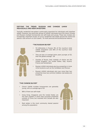 THE GLOBAL LUXURY RESIDENTIAL REAL ESTATE REPORT 2015
20
DEFYING THE TREND: RUSSIAN AND CHINESE UHNW
INDIVIDUALS ARE KEEN INVESTORS
Typically, residential real estate is particularly important for individuals with inherited
wealth. However, two particular groups of UHNW individuals buck this trend: Chinese
and Russian multiple homeowners are self-made and young. These two clusters are
increasingly important buyers of luxury residential real estate around the world and
spend a vast amount on such assets - for both personal and professional reasons.
“THE RUSSIAN BUYER”
•	 114 billionaires in Russia: 9% of the country’s total
UHNW population and 56% of the country’s total
UHNW wealth
•	 They are also on average seven years younger, at 52,
than the global average - 59
•	 Outside of Russia, their markets of choice are the
United Kingdom, the United States, Italy, Austria,
France and Switzerland
•	 Russian UHNW individuals also buy properties in more
niche locations such as the Caribbean and Monaco
•	 Russian UHNW individuals who own more than two
properties have two common hobbies: real estate and
travelling
“THE CHINESE BUYER”
•	 China’s UHNW mutilple homeowners are generally
young, with an average age of 52
•	 89% of them are self-made
•	 Hong Kong, Singapore and the United States are
the main markets in which they purchase properties
outside of China, but Australia and Canada are also
important
•	 Real estate is the most commonly shared passion
among this population
 