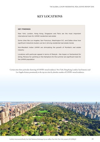 THE GLOBAL LUXURY RESIDENTIAL REAL ESTATE REPORT 2015
23
KEY LOCATIONS
KEY FINDINGS
New York, London, Hong Kong, Singapore and Paris are the most important
international hubs for UHNW residential real estate
Some cities like Los Angeles, San Francisco, Washington D.C. and Dallas show how
significant industrial clusters can be in driving residential real estate trends
Non-Resident Indian UHNW are stimulating the growth of Mumbai’s real estate
industry
Locations with particular appeal in terms of lifestyle - like Aspen or Switzerland for
skiing, Monaco for yachting or the Hamptons for the summer are significant hubs for
the UHNW population
Certain cities show particular clustering of UHNW-owned residences. New York, Hong Kong, London, San Francisco and
Los Angeles feature prominently in the top ten cities by absolute number of UHNW-owned residences.
Sotheby’s International Realty-East Side Manhattan Brokerage, $37.950 million, New York, New York, property ID: QDKJ3V
 