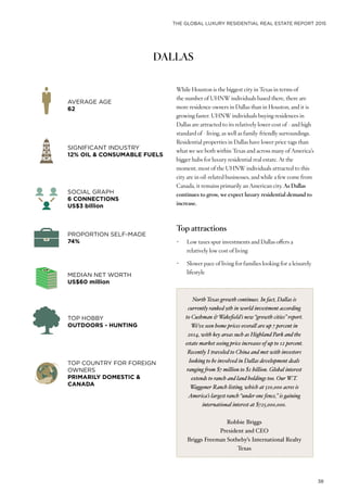 THE GLOBAL LUXURY RESIDENTIAL REAL ESTATE REPORT 2015
38
DALLAS
While Houston is the biggest city in Texas in terms of
the number of UHNW individuals based there, there are
more residence owners in Dallas than in Houston, and it is
growing faster. UHNW individuals buying residences in
Dallas are attracted to its relatively lower cost of - and high
standard of - living, as well as family-friendly surroundings.
Residential properties in Dallas have lower price tags than
what we see both within Texas and across many of America’s
bigger hubs for luxury residential real estate. At the
moment, most of the UHNW individuals attracted to this
city are in oil-related businesses, and while a few come from
Canada, it remains primarily an American city. As Dallas
continues to grow, we expect luxury residential demand to
increase.
Top attractions
•	 Low taxes spur investments and Dallas offers a
relatively low cost of living
•	 Slower pace of living for families looking for a leisurely
lifestyle
AVERAGE AGE
62
PROPORTION SELF-MADE
74%
SOCIAL GRAPH
6 CONNECTIONS
US$3 billion
TOP HOBBY
OUTDOORS - HUNTING
SIGNIFICANT INDUSTRY
12% OIL & CONSUMABLE FUELS
MEDIAN NET WORTH
US$60 million
TOP COUNTRY FOR FOREIGN
OWNERS
PRIMARILY DOMESTIC &
CANADA
North Texas growth continues. In fact, Dallas is
currently ranked 9th in world investment according
to Cushman & Wakefield’s new “growth cities” report.
We’ve seen home prices overall are up 7 percent in
2014, with key areas such as Highland Park and the
estate market seeing price increases of up to 12 percent.
Recently I traveled to China and met with investors
looking to be involved in Dallas development deals
ranging from $7 million to $1 billion. Global interest
extends to ranch and land holdings too. Our W.T.
Waggoner Ranch listing, which at 510,000 acres is
America’s largest ranch “under one fence,” is gaining
international interest at $725,000,000.
Robbie Briggs
President and CEO
Briggs Freeman Sotheby’s International Realty
Texas
 