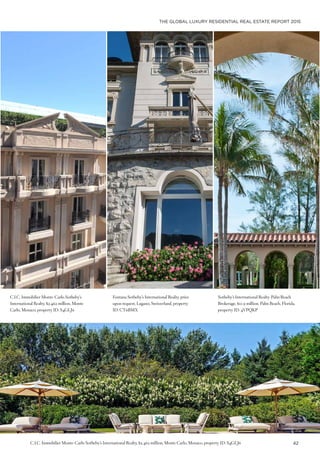 THE GLOBAL LUXURY RESIDENTIAL REAL ESTATE REPORT 2015
42
C.I.C. Immobilier Monte-Carlo Sotheby’s
International Realty, $2.462 million, Monte
Carlo, Monaco, property ID: S4GLJ6
Fontana Sotheby’s International Realty, price
upon request, Lugano, Switzerland, property
ID: CT6BMX
Sotheby’s International Realty-Palm Beach
Brokerage, $11.9 million, Palm Beach, Florida,
property ID: 4VPQKP
C.I.C. Immobilier Monte-Carlo Sotheby’s International Realty, $2.462 million, Monte Carlo, Monaco, property ID: S4GLJ6
 
