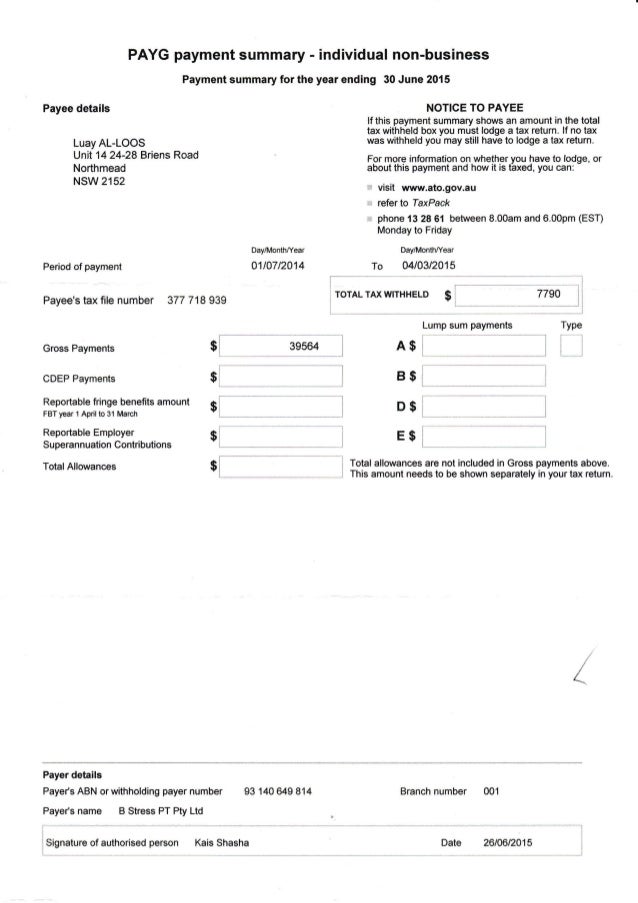 Payg payment summary individual nonbusiness template excel