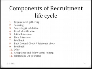 Components of Recruitment
life cycle
1. Requirement gathering
2. Sourcing
3. Screening & validation
4. Panel Identification
5. Initial Interview
6. Final Interview
7. Feedback
8. Back Ground Check / Reference check
9. Feedback
10. Offer
11. Acceptance and follow up till joining
12. Joining and On-boarding
3/7/2016 4
 