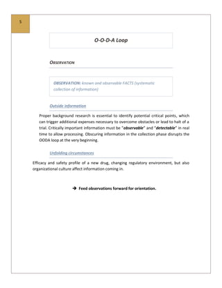 5
O-O-D-A Loop
OBSERVATION
OBSERVATION: known and observable FACTS (systematic
collection of information)
Outside information
Proper background research is essential to identify potential critical points, which
can trigger additional expenses necessary to overcome obstacles or lead to halt of a
trial. Critically important information must be “observable” and “detectable” in real
time to allow processing. Obscuring information in the collection phase disrupts the
OODA loop at the very beginning.
Unfolding circumstances
Efficacy and safety profile of a new drug, changing regulatory environment, but also
organizational culture affect information coming in.
 Feed observations forward for orientation.
 