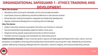 What This Involves:
• Mandatory ethics training for all leaders at hire and annually thereafter
• Case-based scenarios addressing real ethical dilemmas in educational contexts
• Ethical decision-making frameworks integrated into leadership development
• Regular professional development on evolving ethical challenges
Why This Works:
• Explicit instruction prevents assumption that ethics are intuitive or universal
• Scenario-based learning develops judgment before crises occur
• Ongoing training signals organizational priority on ethical conduct
• Provides common language and frameworks for ethical discussions
Implementation Example: A state university system requires all newly appointed department chairs, deans, and vice
presidents to complete a three-day ethical leadership institute before assuming their roles, followed by annual ethics
updates addressing emerging challenges like AI in education, research integrity, and inclusive leadership practices.
ORGANIZATIONAL SAFEGUARD 1 - ETHICS TRAINING AND
DEVELOPMENT
| 10
 