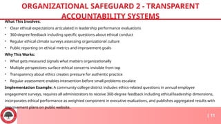 What This Involves:
• Clear ethical expectations articulated in leadership performance evaluations
• 360-degree feedback including specific questions about ethical conduct
• Regular ethical climate surveys assessing organizational culture
• Public reporting on ethical metrics and improvement goals
Why This Works:
• What gets measured signals what matters organizationally
• Multiple perspectives surface ethical concerns invisible from top
• Transparency about ethics creates pressure for authentic practice
• Regular assessment enables intervention before small problems escalate
Implementation Example: A community college district includes ethics-related questions in annual employee
engagement surveys, requires all administrators to receive 360-degree feedback including ethical leadership dimensions,
incorporates ethical performance as weighted component in executive evaluations, and publishes aggregated results with
improvement plans on public website.
ORGANIZATIONAL SAFEGUARD 2 - TRANSPARENT
ACCOUNTABILITY SYSTEMS
| 11
 