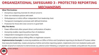What This Involves:
• Anonymous reporting channels for ethical concerns
• Clear non-retaliation policies with teeth
• Ombudsperson or ethics officer independent from leadership chain
• Transparent investigation processes with defined timelines
• Protection for those who raise concerns in good faith
Why This Works:
• Power differentials often prevent direct confrontation of leaders
• Anonymity enables reporting without fear of retaliation
• Independent investigation ensures impartiality
• Protection policies reduce chilling effect on legitimate concerns
Implementation Example: A university establishes an Office of Ethics and Compliance reporting to the Board of Trustees rather
than executive leadership, creates anonymous hotline and online reporting system, implements strict non-retaliation policy with
burden of proof on institution to demonstrate any adverse action following a complaint was unrelated, and publicizes the process
widely across campus.
ORGANIZATIONAL SAFEGUARD 3 - PROTECTED REPORTING
MECHANISMS
| 12
 
