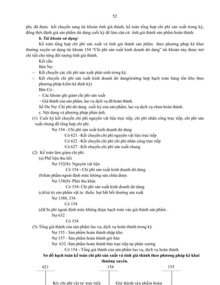 52
phi, đã được kết chuyển sang tài khoản tính giá thành, kế toán tổng hợp chi phí sản xuất trong kỳ,
đồng thời đánh giá sản phẩm dở dang cuối kỳ để làm căn cứ tính giá thành sản phẩm hoàn thành.
b. Tài khoản sử dụng:
Kế toán tổng hợp chi phí sản xuất và tính giá thành sản phẩm theo phương pháp kê khai
thường xuyên sử dụng tài khoản 154 “Chi phí sản xuất kinh doanh dở dang” tài khoản này được mở
chi tiết cho từng đối tượng tính giá thành.
Kết cấu:
Bên Nợ :
 Kết chuyển các chi phí sản xuất phát sinh trong kỳ.
 Kết chuyển chi phí sản xuất kinh doanh dở dang(trường hợp hạch toán hàng tồn kho theo
phương pháp kiểm kê định kỳ)
Bên Có :
- Các khoản ghi giảm chi phí sản xuất
- Giá thành của sản phẩm, lao vụ dịch vụ đã hoàn thành.
Số Dư Nợ: Chi phí dở dang cuối kỳ của sản phẩm, lao vụ dịch vụ chưa hoàn thành.
c. Nội dung và phương pháp phản ánh.
(1) Cuối kỳ kết chuyển chi phí nguyên vật liệu trực tiếp, chi phí nhân công trực tiếp, chi phí sản
xuất chung để tổng hợp chi phí.
Nợ 154 - Chi phí sản xuất kinh doanh dở dang
Có 621 –Kết chuyển chi phí nguyên vật liệu trực tiếp
Có 622 –Kết chuyển chi phí chi phí nhân công trực tiếp
Có 627 –Kết chuyển chi phí sản xuất chung
(2) Kế toán làm giảm chi phí.
(a) Phế liệu thu hồi
Nợ 152(8)- Nguyên vật liệu
Có 154 - Chi phí sản xuất kinh doanh dở dang
(b)Sản phẩm ngoài định mức không sửa chữa được
Nợ 138(8)- Phải thu khác
Có 154- Chi phí sản xuất kinh doanh dở dang
(c)Giá trị sản phẩm vật tư thiếu hụt bắt bồi thường sản xuất
Nợ 1388, 334
Có 154
(d)Chi phí ngoài định mức không được hạch toán vào giá thành sản phẩm .
Nợ 632
Có 154
(3) Tổng giá thành của sản phẩm lao vụ, dịch vụ hoàn thành trong kỳ
Nợ 155 - Sản phẩm hoàn thành nhập kho
Nợ 157 - Sản phẩm hoàn thành gởi bán
Nợ 632 -Sản phẩm hoàn thành bán trực tiếp tại phân xưởng
Có 154 - Tổng giá thành của sản phẩm lao vụ, dịch vụ hoàn thành.
Sơ đồ hạch toán kế toán chi phí sản xuất và tính giá thành theo phương pháp kê khai
thường xuyên.
621 154 155
K/c chi phí vaät tö tröïc tieáp Giaù thaønh saûn phaåm hoaøn
 