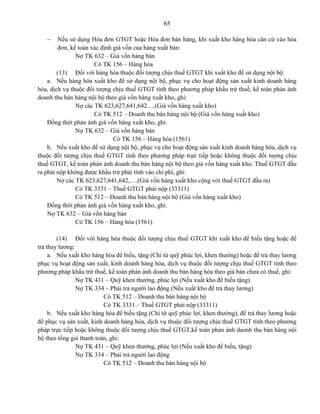 65
 Nếu sử dụng Hóa đơn GTGT hoặc Hóa đơn bán hàng, khi xuất kho hàng hóa căn cứ vào hóa
đơn, kế toán xác định giá vốn của hàng xuất bán:
Nợ TK 632 – Giá vốn hàng bán
Có TK 156 – Hàng hóa
(13) Đối với hàng hóa thuộc đối tượng chịu thuế GTGT khi xuất kho để sử dụng nội bộ:
a. Nếu hàng hóa xuất kho để sử dụng nội bộ, phục vụ cho hoạt động sản xuất kinh doanh hàng
hóa, dịch vụ thuộc đối tượng chịu thuế GTGT tính theo phương pháp khấu trừ thuế, kế toán phản ánh
doanh thu bán hàng nội bộ theo giá vốn hàng xuất kho, ghi:
Nợ các TK 623,627,641,642….(Giá vốn hàng xuất kho)
Có TK 512 – Doanh thu bán hàng nội bộ (Giá vốn hàng xuất kho)
Đồng thời phản ánh giá vốn hàng xuất kho, ghi:
Nợ TK 632 – Giá vốn hàng bán
Có TK 156 – Hàng hóa (1561)
b. Nếu xuất kho để sử dụng nội bộ, phục vụ cho hoạt động sản xuất kinh doanh hàng hóa, dịch vụ
thuộc đối tượng chịu thuế GTGT tính theo phương pháp trực tiếp hoặc không thuộc đối tượng chịu
thuế GTGT, kế toán phản ánh doanh thu bán hàng nội bộ theo giá vốn hàng xuất kho. Thuế GTGT đầu
ra phải nộp không được khấu trừ phải tính vào chi phí, ghi:
Nợ các TK 623,627,641,642,….(Giá vốn hàng xuất kho cộng với thuế GTGT đầu ra)
Có TK 3331 – Thuế GTGT phải nộp (33311)
Có TK 512 – Doanh thu bán hàng nội bộ (Giá vốn hàng xuất kho)
Đồng thời phản ánh giá vốn hàng xuất kho, ghi:
Nợ TK 632 – Giá vốn hàng bán
Có TK 156 – Hàng hóa (1561)
(14) Đối với hàng hóa thuộc đối tượng chịu thuế GTGT khi xuất kho để biếu tặng hoặc để
trả thay lương:
a. Nếu xuất kho hàng hóa để biếu, tặng (Chi từ quỹ phúc lợi, khen thưởng) hoặc để trả thay lương
phục vụ hoạt động sản xuất, kinh doanh hàng hóa, dịch vụ thuộc đối tượng chịu thuế GTGT tính theo
phương pháp khấu trừ thuế, kế toán phản ánh doanh thu bán hàng hóa theo giá bán chưa có thuế, ghi:
Nợ TK 431 – Quỹ khen thưởng, phúc lợi (Nếu xuất kho để biếu tặng)
Nợ TK 334 – Phải trả người lao động (Nếu xuất kho để trả thay lương)
Có TK 512 – Doanh thu bán hàng nội bộ
Có TK 3331 – Thuế GTGT phải nộp (33311)
b. Nếu xuất kho hàng hóa để biếu tặng (Chi từ quỹ phúc lợi, khen thưởng), để trả thay lương hoặc
để phục vụ sản xuất, kinh doanh hàng hóa, dịch vụ thuộc đối tượng chịu thuế GTGT tính theo phương
pháp trực tiếp hoặc không thuộc đối tượng chịu thuế GTGT,kế toán phản ánh daonh thu bán hàng nội
bộ theo tổng giá thanh toán, ghi:
Nợ TK 431 – Quỹ khen thưởng, phúc lợi (Nếu xuất kho để biếu, tặng)
Nợ TK 334 – Phải trả người lao động
Có TK 512 – Doanh thu bán hàng nội bộ
 