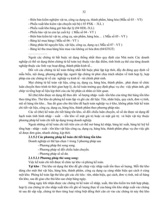 32
- Biên bản kiểm nghiệm vật tư, công cụ dụng cụ, thành phẩm, hàng hóa (Mẫu số 03 – VT)
- Phiếu xuất kho kiêm vận chuyển nội bộ ( 03 PXK – 3LL )
- Phiếu xuất kho hàng gửi bán đại lý (04 HDL-3LL)
- Phiếu báo vật tư còn lại cuối kỳ ( Mẫu số 04 - VT )
- Biên bản kiểm kê vật tư, công cụ, sản phẩm, hàng hóa… ( Mẫu số 05 - VT )
- Bảng kê mua hàng ( Mẫu số 06 - VT )
- Bảng phân bổ nguyên liệu, vật liệu, công cụ, dụng cụ ( Mẫu số 07 - VT )
- Bảng kê thu mua hàng hóa mua vào không có hóa đơn (04/GTGT)
………………
Ngoài các chứng từ bắt buộc sử dụng thống nhất theo quy định của Nhà nước Các doanh
nghiệp có thể sử dụng thêm chứng từ kế toán tuỳ thuộc vào đặc điểm, tình hình cụ thể của từng doanh
nghiệp thuộc các lính vực hoạt động, thành phần kinh tế...
Đối với các chứng từ kế toán thống nhất bắt buộc phải lập kịp thời, đầy đủ đúng quy định về
mẫu biểu, nội dung, phương pháp lập, người lập chứng từ phải chịu trách nhiệm về tính hợp lý, hợp
pháp của các chứng từ về các nghiệp vụ kinh tế - tài chính phát sinh.
Mọi chứng từ kế toán vật liệu, công cụ, dụng cụ, hàng hóa, thành phẩm.. phải được tổ chức
luân chuyển theo trình từ thời gian hợp lý, do kế toán trưởng quy định phục vụ cho việc phản ánh, ghi
chép và tổng hợp số liệu kịp thời của các bộ phận cá nhân có liên quan.
Sổ (thẻ) kho được sử dụng để theo dõi số lượng nhập- xuất- tồn kho của từng thứ hàng tồn kho
theo từng kho. Thẻ kho do phòng kế toán lập và ghi các dữ liệu: Tên, nhãn hiệu, quy cách, đơn vị tính,
mã số hàng tồn kho... Sau đó giao cho thủ kho để hạch toán nghiệp vụ ở kho, không phân biệt kế toán
chi tiết vật liệu, công cụ, dụng cụ, hàng hóa, thành phẩm theo phương pháp nào.
Các sổ (thẻ) kế toán chi tiết hàng tồn kho, sổ đối chiếu luân chuyển, sổ số dư được sử dụng để
hạch toán tình hình nhập - xuất - tồn kho về mặt giá trị hoặc cả mặt giá trị và hiện vật tùy thuộc
phương pháp kế toán chi tiết áp dụng trong doanh nghiệp.
Ngoài những sổ kế toán chi tiết trên còn có thể mở bảng kê nhập, bảng kê xuất, bảng kê luỹ kế
tổng hợp - nhập - xuất - tồn kho vật liệu công cụ, dụng cụ, hàng hóa, thành phẩm phục vụ cho việc ghi
sổ được đơn giản, nhanh chóng, kịp thời.
2.1.5.2 Các phương pháp kế toán chi tiết hàng tồn kho
Doanh nghiệp có thể lựa chọn 1 trong 3 phương pháp sau
- Phương pháp thẻ song song.
- Phương pháp sổ đối chiếu luân chuyển.
- Phương pháp sổ số dư.
2.1.5.2.1 Phương pháp thẻ song song:
Việc kế toán chi tiết được tổ chức tại kho và phòng kế toán.
Tại kho : Thủ kho sử dụng thẻ kho để ghi chép việc nhập xuất tồn theo số lượng. Mỗi thẻ kho
dùng cho một thứ vật liệu, hàng hóa, thành phẩm, công cụ dụng cụ cùng nhãn hiệu qui cách ở cùng
một kho. Phòng kế toán lập thẻ kho ghi các chỉ tiêu : tên, nhãn hiệu, qui cách, đơn vị tính, mã số hàng
tồn kho, sau đó giao cho thủ kho sao chép hàng ngày.
Hàng ngày khi nhận được các chứng từ kế toán về nhập, xuất, thủ kho kiểm tra tính hợp pháp,
hợp lý của chứng từ cho nhập xuất kho rồi ghi số lượng thực tế của hàng tồn kho nhập xuất vào chứng
từ sau đó sắp xếp, chứng từ theo từng loại riêng biệt đồng thời căn cứ vào các chứng từ này thủ kho
 