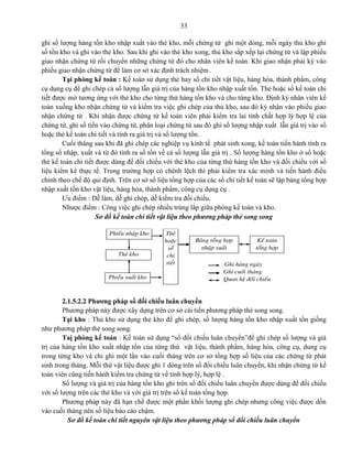 33
ghi số lượng hàng tồn kho nhập xuất vào thẻ kho, mỗi chứng từ ghi một dòng, mỗi ngày thủ kho ghi
số tồn kho và ghi vào thẻ kho. Sau khi ghi vào thẻ kho xong, thủ kho sắp xếp lại chứng từ và lập phiếu
giao nhận chứng từ rồi chuyển những chứng từ đó cho nhân viên kế toán. Khi giao nhận phải ký vào
phiếu giao nhận chứng từ để làm cơ sở xác định trách nhiệm .
Tại phòng kế toán : Kế toán sử dụng thẻ hay sổ chi tiết vật liệu, hàng hóa, thành phẩm, công
cụ dụng cụ để ghi chép cả số lượng lẫn giá trị của hàng tồn kho nhập xuất tồn. Thẻ hoặc sổ kế toán chi
tiết được mở tương ứng với thẻ kho cho từng thứ hàng tồn kho và cho từng kho. Định kỳ nhân viên kế
toán xuống kho nhận chứng từ và kiểm tra việc ghi chép của thủ kho, sau đó ký nhận vào phiếu giao
nhận chứng từ . Khi nhận được chứng từ kế toán viên phải kiểm tra lai tính chất hợp lý hợp lệ của
chứng từ, ghi số tiền vào chứng từ, phân loại chứng từ sau đó ghi số lượng nhập xuất lẫn giá trị vào sổ
hoặc thẻ kế toán chi tiết và tính ra giá trị và số lượng tồn.
Cuối tháng sau khi đã ghi chép các nghiệp vụ kinh tế phát sinh xong, kế toán tiến hành tính ra
tổng số nhập, xuất và từ đó tính ra số tồn về cả số lượng lẫn giá trị . Số lượng hàng tồn kho ở sổ hoặc
thẻ kế toán chi tiết được dùng để đối chiếu với thẻ kho của từng thứ hàng tồn kho và đối chiếu với số
liệu kiểm kê thực tế. Trong trường hợp có chênh lệch thì phải kiểm tra xác minh và tiến hành điều
chỉnh theo chế độ qui định. Trên cơ sở số liệu tổng hợp của các sổ chi tiết kế toán sẽ lập bảng tổng hợp
nhập xuất tồn kho vật liệu, hàng hóa, thành phẩm, công cụ dụng cụ .
Ưu điểm : Dễ làm, dễ ghi chép, dễ kiểm tra đối chiếu.
Nhược điểm : Công việc ghi chép nhiều trùng lắp giữa phòng kế toán và kho.
Sơ đồ kế toán chi tiết vật liệu theo phương pháp thẻ song song
2.1.5.2.2 Phương pháp sổ đối chiếu luân chuyển
Phương pháp này được xây dựng trên cơ sở cải tiến phương pháp thẻ song song.
Tại kho : Thủ kho sử dụng thẻ kho để ghi chép, số lượng hàng tồn kho nhập xuất tồn giống
như phương pháp thẻ song song.
Taị phòng kế toán : Kế toán sử dụng “sổ đối chiếu luân chuyển”để ghi chép số lượng và giá
trị của hàng tồn kho xuất nhập tồn của từng thứ vật liệu, thành phẩm, hàng hóa, công cụ, dung cụ
trong từng kho và chỉ ghi một lần vào cuối tháng trên cơ sở tổng hợp số liệu của các chứng từ phát
sinh trong tháng. Mỗi thứ vật liệu được ghi 1 dòng trên sổ đối chiếu luân chuyển, khi nhận chứng từ kế
toán viên cũng tiến hành kiểm tra chứng từ về tính hợp lý, hợp lệ .
Số lượng và giá trị của hàng tồn kho ghi trên sổ đối chiếu luân chuyển được dùng để đối chiếu
với số lượng trên các thẻ kho và với giá trị trên sổ kế toán tổng hợp.
Phương pháp này đã hạn chế được một phần khối lượng ghi chép nhưng công việc được dồn
vào cuối tháng nên số liệu báo cáo chậm.
Sơ đồ kế toán chi tiết nguyên vật liệu theo phương pháp sổ đối chiếu luân chuyển
Phieáu nhaäp kho
Theû kho
Phieáu xuaát kho
Baûng toång hôïp
nhaäp xuaát
Theû
hoaëc
soå
chi
tieát
Keá toaùn
toång hôïp
Ghi haøng ngaøy
Ghi cuoái thaùng
Quan heä ñoái chieáu
 