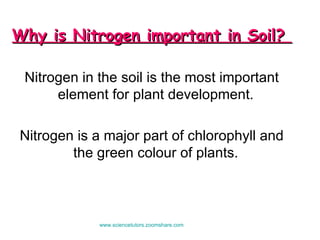 Why is Nitrogen important in Soil?  Nitrogen in the soil is the most important element for plant development.  Nitrogen is a major part of chlorophyll and the green colour of plants.  www.sciencetutors.zoomshare.com   