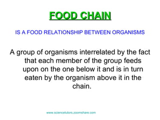 FOOD CHAIN IS A FOOD RELATIONSHIP BETWEEN ORGANISMS A group of organisms interrelated by the fact that each member of the group feeds upon on the one below it and is in turn eaten by the organism above it in the chain.  www.sciencetutors.zoomshare.com   