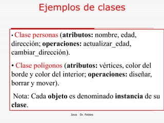 Ejemplos de clases

• Clasepersonas (atributos: nombre, edad,
dirección; operaciones: actualizar_edad,
cambiar_dirección).
• Clase polígonos (atributos: vértices, color del
borde y color del interior; operaciones: diseñar,
borrar y mover).
 Nota: Cada objeto es denominado instancia de su
clase.
                    Java   Dr. Febles
 