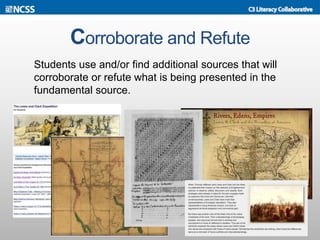 Corroborate and Refute
Students use and/or find additional sources that will
corroborate or refute what is being presented in the
fundamental source.
 