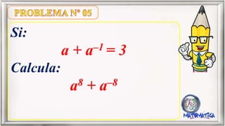Si:
a + a–1 = 3
Calcula:
a8 + a–8