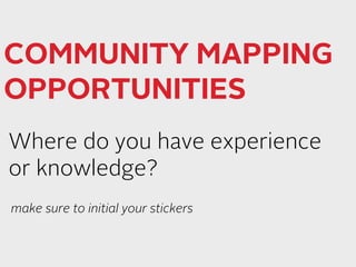 COMMUNITY MAPPING 
OPPORTUNITIES 
Where do you have experience 
or knowledge? 
make sure to initial your stickers 
 