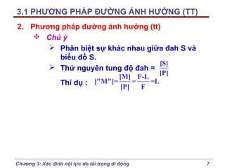 3.1 PHƯƠNG PHÁP ĐƯỜNG ẢNH HƯỞNG (TT)
2. Phương pháp đường ảnh hưởng (tt)
 Chú ý
 Phân biệt sự khác nhau giữa đah S và
biểu đồ S.
[S]
 Thứ nguyên tung độ đah =
[P]
[M] F-L
=
=L
Thí dụ : ["M"]=
[P]
F

Chương 3: Xác định nội lực do tải trọng di động

7

 