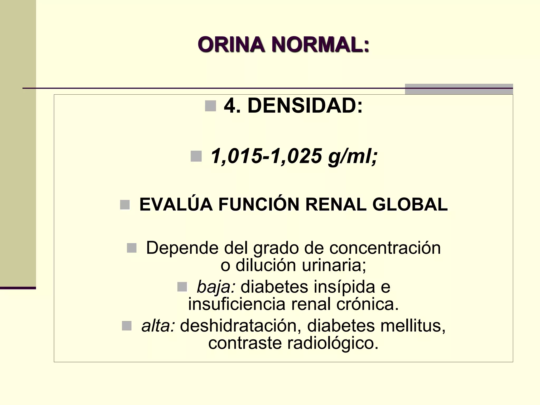 ORINA NORMAL:

           4. DENSIDAD:

         1,015-1,025 g/ml;

 EVALÚA FUNCIÓN RENAL GLOBAL

 Depende del grado de concentración
             o dilución urinaria;
        baja: diabetes insípida e
         insuficiencia renal crónica.
 alta: deshidratación, diabetes mellitus,
            contraste radiológico.
 