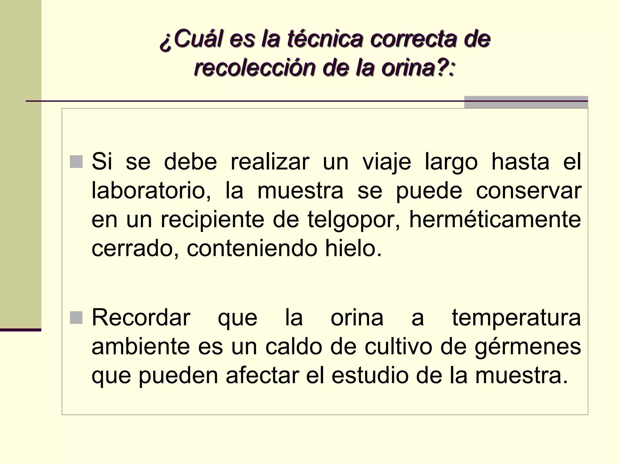 ¿Cuál es la técnica correcta de
         recolección de la orina?:


 Si se debe realizar un viaje largo hasta el
  laboratorio, la muestra se puede conservar
  en un recipiente de telgopor, herméticamente
  cerrado, conteniendo hielo.

 Recordar   que la orina a temperatura
  ambiente es un caldo de cultivo de gérmenes
  que pueden afectar el estudio de la muestra.
 