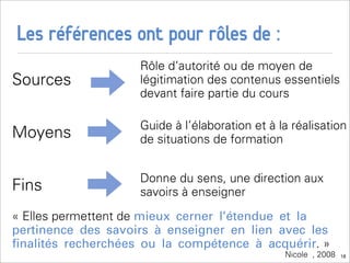 Les références ont pour rôles de :
                    Rôle d’autorité ou de moyen de
Sources             légitimation des contenus essentiels
                    devant faire partie du cours

                    Guide à l’élaboration et à la réalisation
Moyens              de situations de formation


                    Donne du sens, une direction aux
Fins                savoirs à enseigner
« Elles permettent de mieux cerner l’étendue et la
pertinence des savoirs à enseigner en lien avec les
ﬁnalités recherchées ou la compétence à acquérir. »
                                                Nicole , 2008   18
 