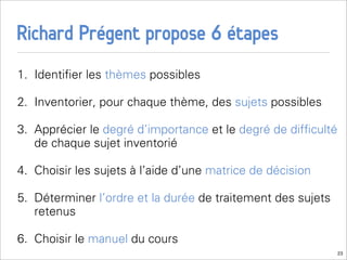 Richard Prégent propose 6 étapes
1. Identiﬁer les thèmes possibles

2. Inventorier, pour chaque thème, des sujets possibles

3. Apprécier le degré d’importance et le degré de difﬁculté
   de chaque sujet inventorié

4. Choisir les sujets à l’aide d’une matrice de décision

5. Déterminer l’ordre et la durée de traitement des sujets
   retenus

6. Choisir le manuel du cours
                                                              23
 