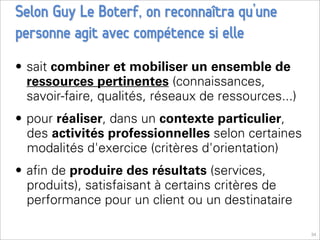Selon Guy Le Boterf, on reconnaîtra qu’une
personne agit avec compétence si elle
• sait combiner et mobiliser un ensemble de
  ressources pertinentes (connaissances,
  savoir-faire, qualités, réseaux de ressources...)
• pour réaliser, dans un contexte particulier,
  des activités professionnelles selon certaines
  modalités d'exercice (critères d'orientation)
• aﬁn de produire des résultats (services,
  produits), satisfaisant à certains critères de
  performance pour un client ou un destinataire

                                                      34
 