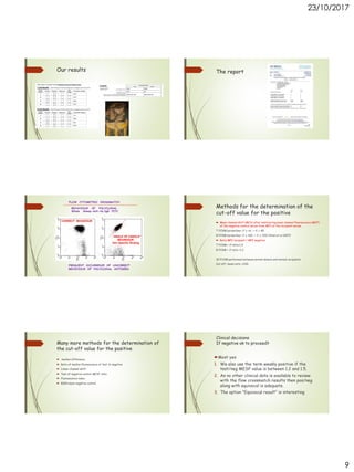23/10/2017
9
Our results The report
FREQUENT OCCURRENCE OF UNCORRECT
BEHAVIOUR OF POLYCLONAL ANTISERA
BEHAVIOUR OF POLYCLONAL
Whole Sheep-Anti-Hu IgG FITC
FLOW CYTOMETRIC CROSSMATCH
CORRECT BEHAVIOUR
“ANGLE OF DANGLE”
BEHAVIOUR:
Non Specific Binding
Methods for the determination of the
cut-off value for the positive

Many more methods for the determination of
the cut-off value for the positive
 median difference
 Ratio of median fluorescence of test to negative
 Linear channel shift
 Test of negative control MESF ratio
 Fluorescence index
 8000-mean negative control
Clinical decisions
If negative ok to proceed?
Most yes
1. We also use the term weakly positive if the
test/neg MESF value is between 1.2 and 1.5.
2. As no other clinical data is available to review
with the flow crossmatch results then pos/neg
along with equivocal is adequate.
3. The option "Equivocal result" is interesting
 