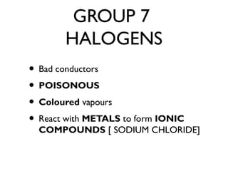 GROUP 7
HALOGENS
• Bad conductors
• POISONOUS
• Coloured vapours
• React with METALS to form IONIC
COMPOUNDS [ SODIUM CHLORIDE]
 
