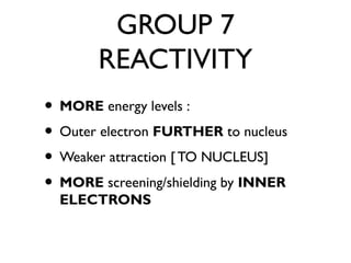 GROUP 7
REACTIVITY
• MORE energy levels :
• Outer electron FURTHER to nucleus
• Weaker attraction [ TO NUCLEUS]
• MORE screening/shielding by INNER
ELECTRONS
 