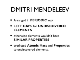 DMITRI MENDELEEV
• Arranged in PERIODIC way
• LEFT GAPS for UNDISCOVERED
ELEMENTS
• otherwise elements wouldn’t have
SIMILAR PROPERTIES
• predicted Atomic Mass and Properties
to undiscovered elements.
 
