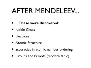 AFTER MENDELEEV...
• ... These were discovered:
• Noble Gases
• Electrons
• Atomic Structure
• accuracies in atomic number ordering
• Groups and Periods (modern table)
 