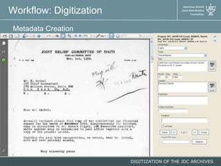 Workflow: Digitization
Metadata Creation

DIGITIZATION OF THE JDC ARCHIVES

 