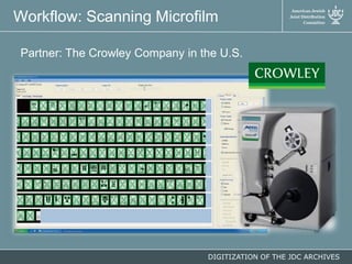 Workflow: Scanning Microfilm
Partner: The Crowley Company in the U.S.

DIGITIZATION OF THE JDC ARCHIVES

 