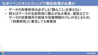 25
• データの到着時刻は必ずしも「関心ごと」を表さない
• 例えばデータの生起時刻に関心がある場合、遅延などで
データの到着順序の前後や到着間隔のズレが生じるため、
「到着時刻」に着目しても無意味
なぜイベントタイムウィンドウ集約処理が必要か
 