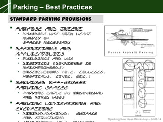 Sparking New Ideas Workshop – 04.08.14
 Purpose and Intent
• Maximize use with least
number of
spaces necessary
 Definitions and
Applicability
• Buildings and use
• Districts (downtowns to
neighborhoods)
• Institutions (i.e. colleges,
hospitals, civic, etc.)
 Required Off-Street
Parking Spaces
• Parking Table by individual
and mixed uses
 Parking Limitations and
Exemptions
• Minimum/maximum: surface
and structured
Parking – Best Practices
Standard Parking Provisions
 