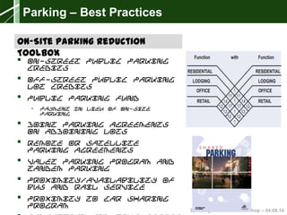Sparking New Ideas Workshop – 04.08.14
 On-Street Public Parking
Credits
 Off-Street Public Parking
Lot Credits
 Public Parking Fund
• Payment In Lieu of On-site
Parking
 Joint Parking Agreements
On Adjoining Lots
 Remote or Satellite
Parking Agreements
 Valet Parking Program and
Tandem Parking
 Proximity/Availability of
Bus and Rail Service
 Proximity to Car Sharing
Program
Parking – Best Practices
On-Site Parking Reduction
Toolbox
 