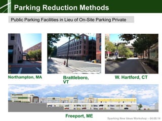 Sparking New Ideas Workshop – 04.08.14Sparking New Ideas Workshop – 04.08.14
Structured Parking
Parking Reduction Methods
Public Parking Facilities in Lieu of On-Site Parking Private
Northampton, MA Brattleboro,
VT
W. Hartford, CT
Freeport, ME
 
