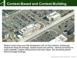 Sparking New Ideas Workshop – 04.08.14
Medium sized mixed use infill development with no front setback, streetscape
treatments along the frontage, shared access and parking , internal connection to
public sidewalk, outdoor dining terrace and open space, and all parking placed
behind frontage buildings.
Context-Based and Context-Building
 