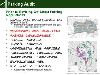 Sparking New Ideas Workshop – 04.08.14
Parking Audit
Prior to Revising Off-Street Parking
Regulations
 Goals and Objectives by
District
• Maximize utilization and efficiency with the least
number of spaces necessary
 Inventory and Analysis
 Future Development
 Public-Private
 Shared Parking
 Wayfinding and Parking
 Pedestrian, Bicycle and
 Short-Term, Long-Term
 Enforcement and
 Off-Street Parking
• Coordinate with Parking Audit Results
 