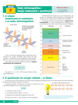 FÍSICA86
1. A relação
fundamental da ondulatória
e as ondas eletromagnéticas
A luz e as demais radiações eletromagnéticas cons-
tituem-se de ondas formadas pela junção de dois
campos – um elétrico e outro magnético – que se propa-
gam em conjunto, conforme esquematizamos ao lado.
Para todas essas ondas, aplica-se também a relação
fundamental da ondulatória:
No vácuo, V = c = 3,0 . 108m/s para todas as ondas
eletromagnéticas.
Dependendo da frequência (e do comprimento de
onda), as radiações eletromagnéticas manifestam-se
distintamente, prestando-se a diferentes finalidades.
No esquema abaixo, apresentamos o espectro ele-
tromagnético, no qual evidenciamos frequências e
comprimentos de onda λ dos diversos tipos de radiação.
λ
V = ––– = λ f
T
37
Ondas eletromagnéticas –
relação fundamental e quantização
• V = λf e pacotes
de energia (E = hf)
2. A quantização da energia radiante – os fótons
De acordo com a Física Quântica, as ondas eletromagnéticas propagam-se na forma de pacotes de onda chamados
de quanta (no singular, quantum) ou fótons.
É possível calcular a energia de um fóton e, portanto, de uma
onda eletromagnética, por meio da expressão:
E: energia do fóton (joule J)
h: constante de Planck (6,63 . 10–34J.s)
f: frequência da onda eletromagnética (hertz Hz)
Os fótons de raios γ e raios X são os mais energéticos.
E = hf
A Física Moderna mostra que a luz de uma lâmpada propaga-se
na forma de grãos de energia (fótons), ao invés de fazê-lo de
maneira contínua como postulava a Física Clássica.
C3_2a_Fis_Alelex 06/03/12 11:18 Página 86
 