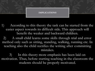 1) According to this theory the task can be started from the
easier aspect towards its difficult side. This approach will
benefit the weaker and backward children.
2) A small child learns some skills through trial and error
method only such as sitting, standing, walking, running etc. In
teaching also the child rectifies the writing after committing
mistakes.
3) In this theory more emphasis has been laid on
motivation. Thus, before starting teaching in the classroom the
students should be properly motivated.
IMPLICATIONS
 