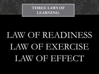 LAW OF READINESS
LAW OF EXERCISE
LAW OF EFFECT
THREE LAWS OF
LEARNING:
 